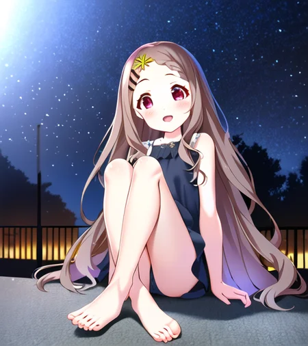 (AobaKokona: 1.1), fanart, (style of mignon:1.1), 1girl presenting (legs, perfectly drawn ((detailed barefoot)), and hands) with detailed face beautiful eyes sitting outdoors at night , 8K wallpaper, anime coloring