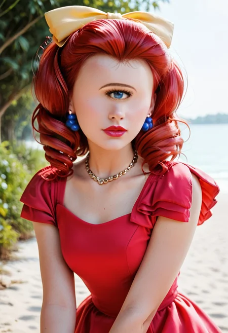 score_9, score_8_up, score_7_up, score_6_up, <lora:PMJessebelle_epoch_7:0.8>, PMJessebelle, blue eyes, red hair, drill hair, yellow bow, hair bow, earrings, lipstick, pink lips,
pearl necklace, red dress, shoulder pads,
leaning forward, serious, looking at viewer, facing viewer, hand on own knee, cowboy shot,
BREAK day, sunlight, outdoors,
gorgeous lips, cinematic, (masterpiece), (best quality), (ultra-detailed), very aesthetic, illustration, perfect composition, intricate details, absurdres, (realistic, ultrarealistic, masterpiece, intricate:1.3), (best quality, hires textures, high detail:1.2), (4k), (incredibly detailed:1.4), (masterpiece, best quality:1.2), cyclopsgirl, thinmonobrow, masterpiece,best quality,