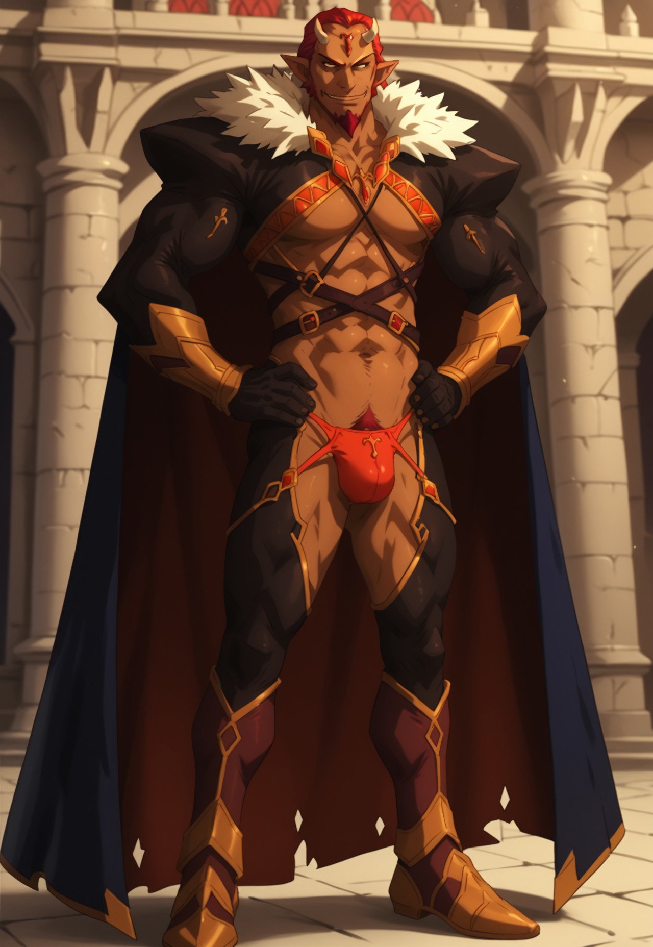safe_pos, score_9_up, score_8_up, score_7_up, solo, 1boy, pkc_ginyol, red hair, red goatee, horns, pointy ears, body suit, red thong, cape, standing, smirk, hands on hips, castle, male focus,
