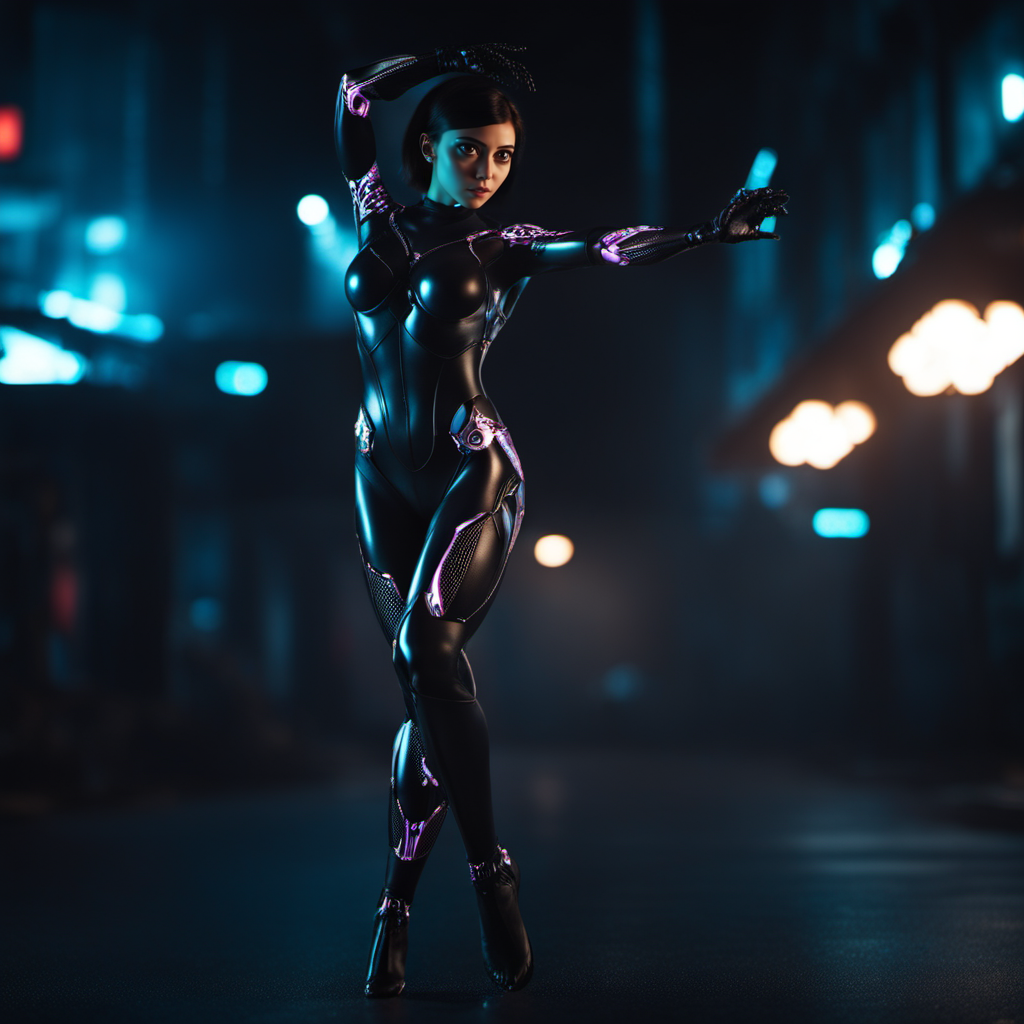 cinematic photo cinematic photo a woman with big eyes, futuristic black carbon body suit, cyberpunk background  <lora:Alita1024-2024:0.8> . 35mm photograph, film, bokeh, professional, 4k, highly detailed . 35mm photograph, film, bokeh, professional, 4k, highly detailed