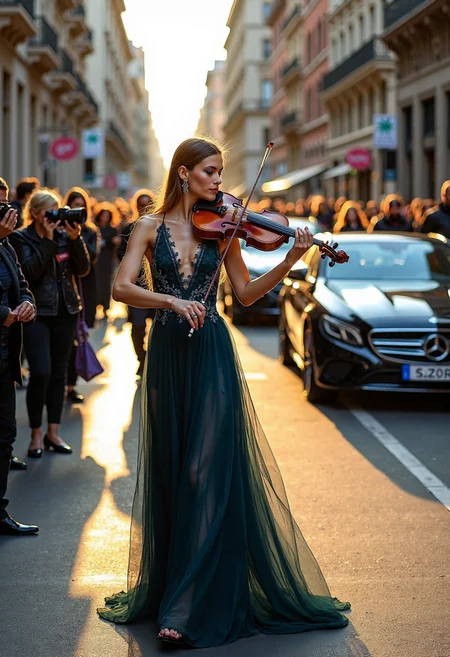 a highly detailed and professional photo featuring a a young woman in an elegant, flowing evening gown, standing in the middle of Via Montenapoleone in Milan during Fashion Week. Her dress is a stunning, floor-length piece in a rich, deep shade, perhaps midnight blue or burgundy, with intricate lace and beadwork catching the light. The gown moves gracefully around her as she plays an antique Stradivari violin, her fingers gliding over the strings with precision and elegance. Her expression is intense and focused, fully absorbed in her music, radiating a sense of dedication and passion.
Around her, the busy street is filled with the buzz of Fashion Weekâcrowds of well-dressed tourists, photographers, and fashion enthusiasts with cameras, eagerly capturing the cityâs luxury and style. High-end boutiques line the street on both sides, their polished glass windows displaying designer handbags, dresses, and jewelry. Luxury cars, including sleek black sedans and brightly colored sports cars, are parked along the sides of the road, adding to the opulence of the scene.
The lighting is golden and warm, with the late afternoon sun casting a soft glow over the street, illuminating the woman and her violin in a spotlight-like effect that enhances her elegance. The violin itself shows signs of age and history, its wood a warm, time-worn color that contrasts with the modern, bustling backdrop of Milanâs fashion district. The strings of the instrument vibrate visibly, hinting at the beautiful, soulful music filling the air.
This juxtaposition of old and new, elegance and energy, adds a timeless, almost magical quality to the imageâan iconic moment where art and culture blend effortlessly with the stylish, contemporary world of Fashion Week in Milan.
