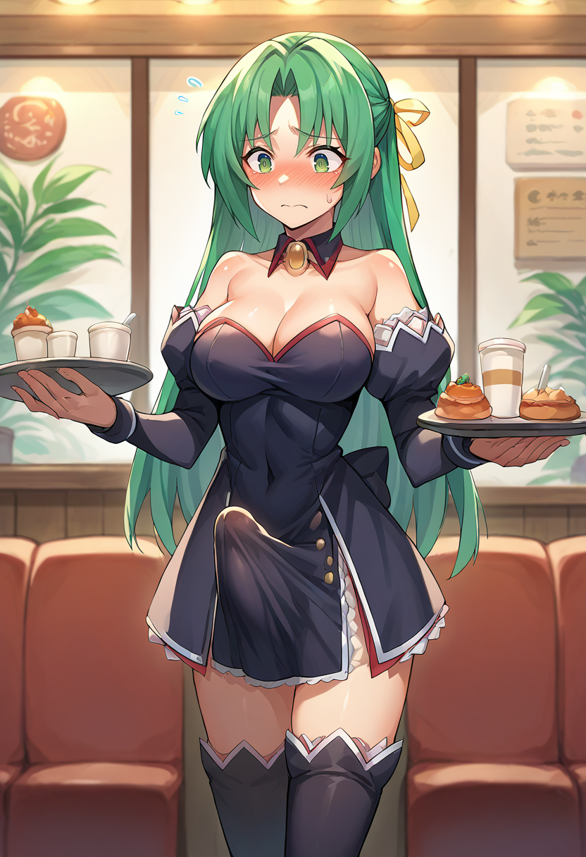 score_9, score_8_up, score_7_up, source_anime,   <lora:Erection Under Clothes-000012:1> erection under clothes,     <lora:SHionAdapt0.5 15:1> sonozaki shion, green hair, long hair, green eyes, yellow ribbon, detached collar, detached sleeves, black dress, black thighhighs, cafe, holding tray, embarrassed,