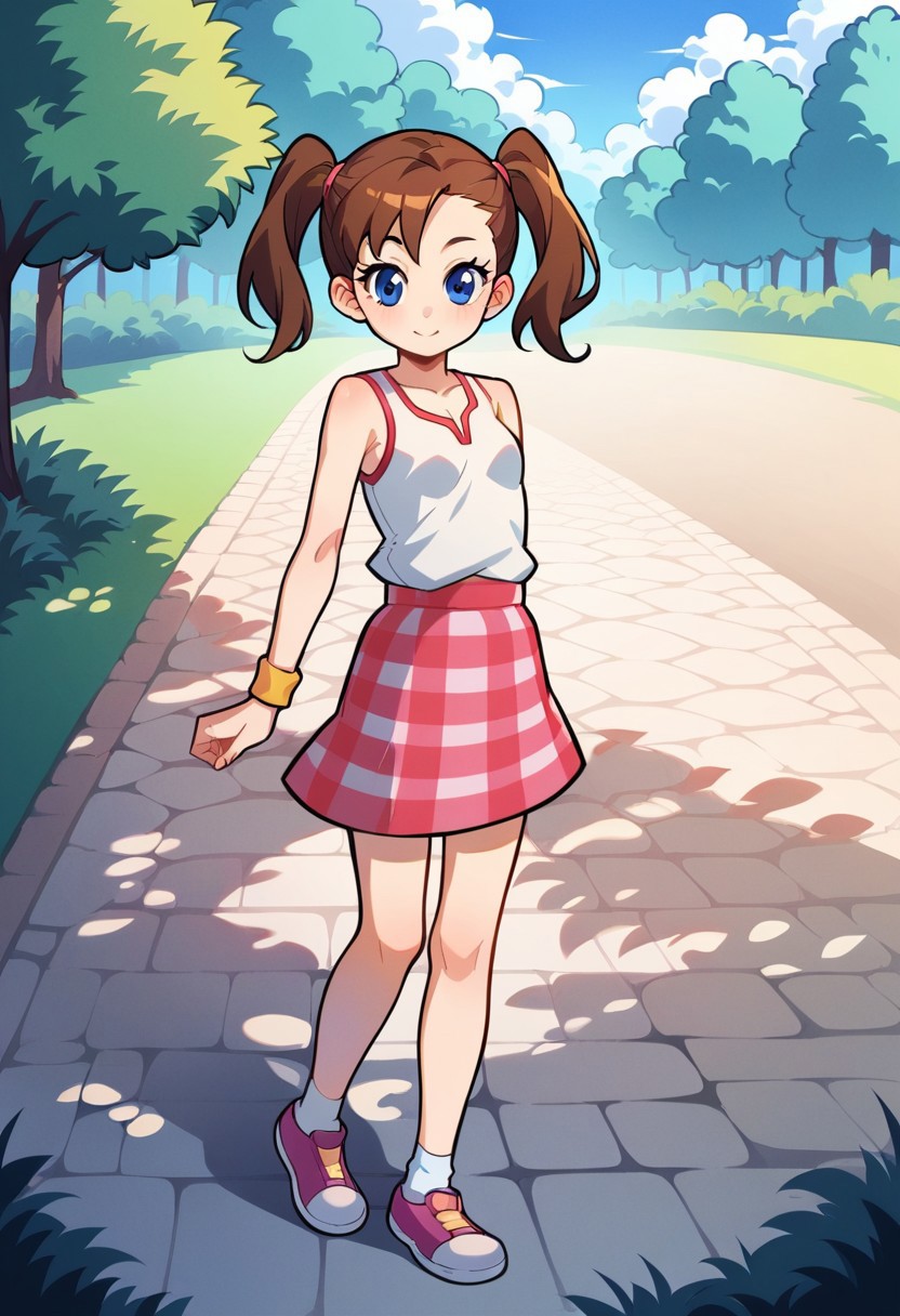 score_8, score_8_up, score_7_up, score_6_up, source anime, 2d BREAK, 1girl, solo, female focus, Ella_AT, blue eyes, brown hair, twintails, small breasts, white tanktop, yellow wristband, plaid skirt, white socks, ankle socks, pink shoes, sportswear, full body, outdoors