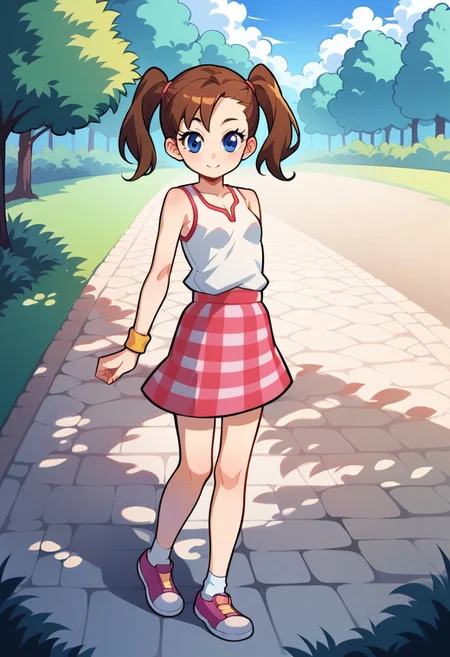 score_8, score_8_up, score_7_up, score_6_up, source anime, 2d BREAK, 1girl, solo, female focus, Ella_AT, blue eyes, brown hair, twintails, small breasts, white tanktop, yellow wristband, plaid skirt, white socks, ankle socks, pink shoes, sportswear, full body, outdoors