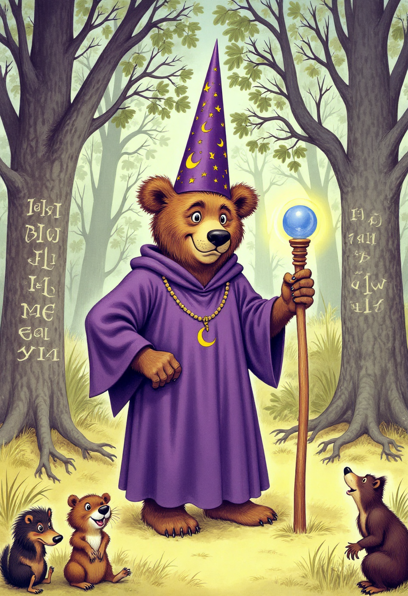 Old book illustration style, colored drawing of a large bear dressed as a wizard inside a forest clearing. The bear wears a deep purple robe adorned with golden stars and crescent moons, and a tall pointed hat that slightly tilts to one side. In one paw, it holds a wooden staff topped with a glowing crystal orb. Around the bear, ancient runes float softly in the air, and small woodland creatures watch in awe. Towering trees with twisting branches surround the scene, dappled sunlight filtering through the leaves. The colors are rich and warm with detailed brushwork and a magical, storybook atmosphere. <lora:oldillustration_V1.1:0.9>