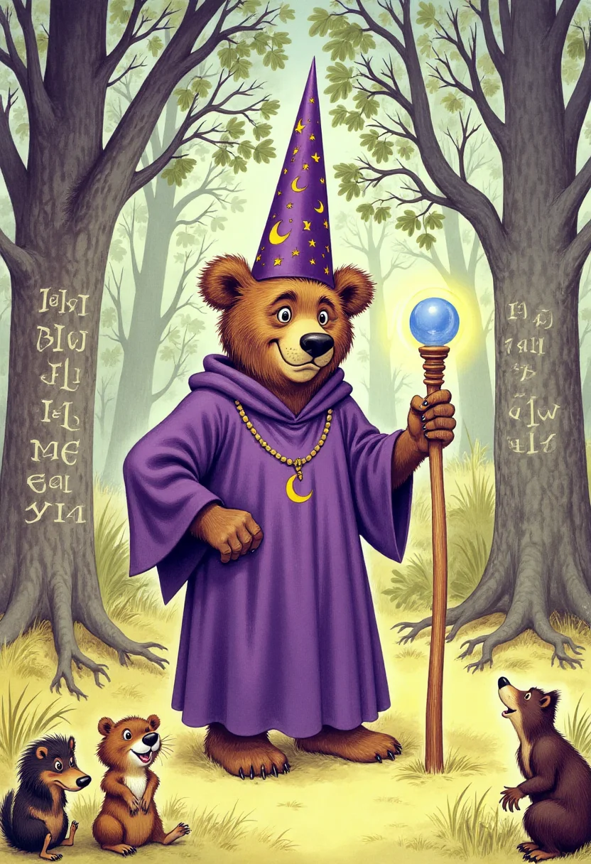 Old book illustration style, colored drawing of a large bear dressed as a wizard inside a forest clearing. The bear wears a deep purple robe adorned with golden stars and crescent moons, and a tall pointed hat that slightly tilts to one side. In one paw, it holds a wooden staff topped with a glowing crystal orb. Around the bear, ancient runes float softly in the air, and small woodland creatures watch in awe. Towering trees with twisting branches surround the scene, dappled sunlight filtering through the leaves. The colors are rich and warm with detailed brushwork and a magical, storybook atmosphere. <lora:oldillustration_V1.1:0.9>
