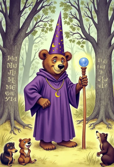 Old book illustration style, colored drawing of a large bear dressed as a wizard inside a forest clearing. The bear wears a deep purple robe adorned with golden stars and crescent moons, and a tall pointed hat that slightly tilts to one side. In one paw, it holds a wooden staff topped with a glowing crystal orb. Around the bear, ancient runes float softly in the air, and small woodland creatures watch in awe. Towering trees with twisting branches surround the scene, dappled sunlight filtering through the leaves. The colors are rich and warm with detailed brushwork and a magical, storybook atmosphere. <lora:oldillustration_V1.1:0.9>