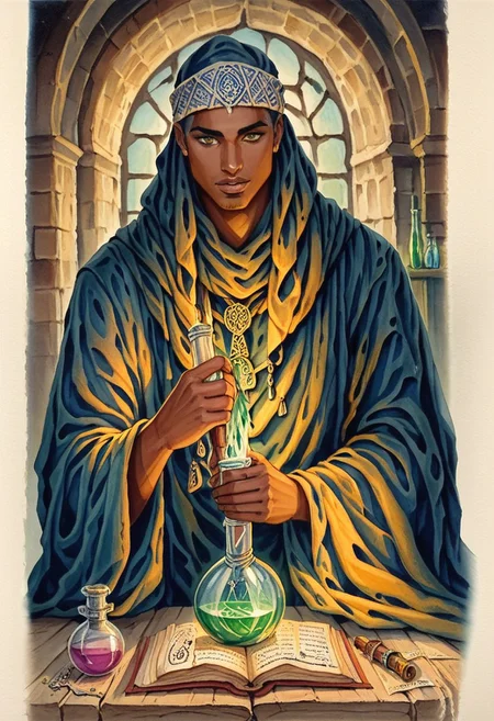 score_9, score_8_up, score_7_up, oblivionarts, solo, 1boy, alchemist, ((african male)), robes, turban, vial, potion, book, apothecary background, traditional art, medieval, <lora:Oblivion:.6>