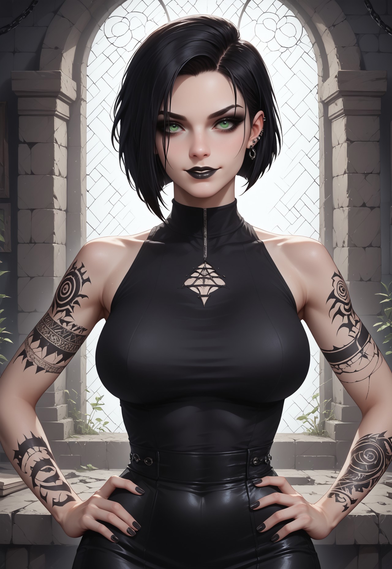 safe_pos, score_9, score_8_up, score_7_up, woman, goth, green eyes, short hair, black hair, (shaved hair:1.1), head half-shaved, large breasts, black lipstick, black eyeliner, (black dress:1.1), long dress, gothic dress, (breasts covered:1.1), dunegon, stone walls, window, window lighting, easy smile, relaxed expression, perfect hands, standing, upper body shot, detailed face, four fingers, perfect hands, detailed face, perfect face, front view, hands on hips, realistic, ultra-realistic, high resolution, photorealistic, detailed background, realistic background,