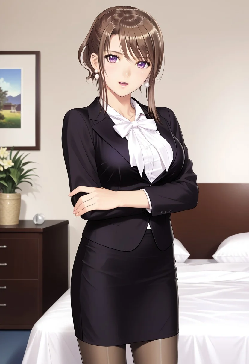 in bedroom, white bedroom sheet, (photorealistic, beautiful girl, sexy girl, Japanese girl) (matsumiya_kiriko, pantyhose, skirt, solo, brown hair, purple eyes, fitted skirt, formal, suit, black skirt, shirt, jacket, white shirt, office lady, outfit1 earrings, pearl earrings,) 1girl, best quality, cowboy shot, seductive smile, large breast, Overall Detail, (slim, standing, open mouth, looking at viewer, young-adult contrapposto) realistic hands, negative hand, handfixer, tony taka, alone, 1 girls
