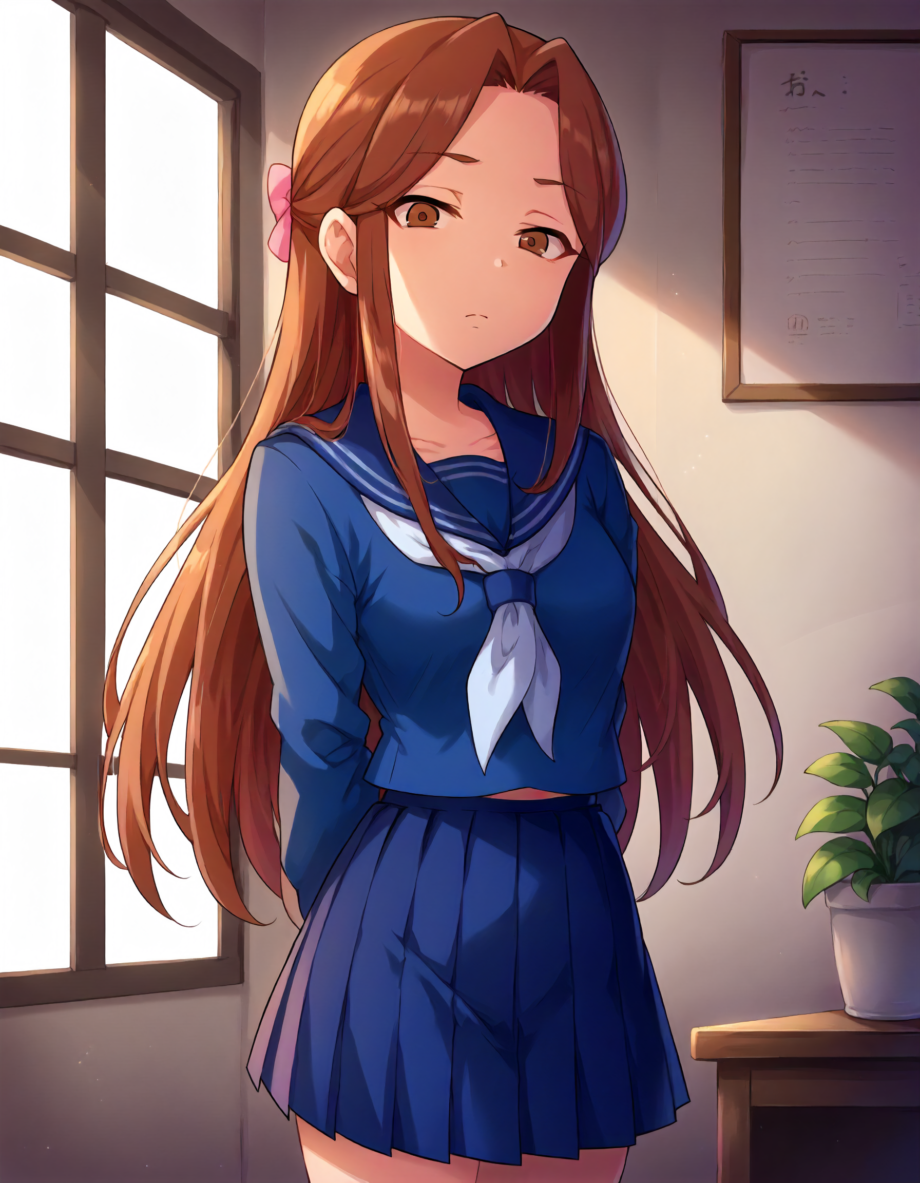 score_9,score_8_up,score_7_up,1girl,solo,cowboy shot,looking at viewer,expressionless,closed mouth,indoors,arms behind back,
<lora:zaizentokiko_ponyXLV6:0.8>,cgzt,
brown hair,long hair,sidelocks,brown eyes,
pink bow,blue serafuku,white neckerchief,long sleeves,pleated skirt
