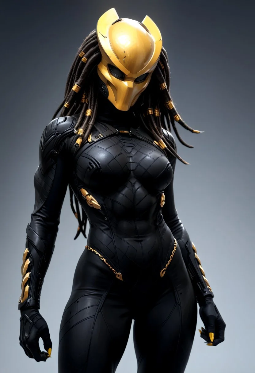 score_9, score_8_up, score_7_up, hyperrealism, 1girl, mask, long hair, dreadlocks, fishnets, girl, wide hips, medium breasts, perky breasts, fully covered, black bodysuit, yellow claws, yellow mask, gold jewelry, (body jewelry), mask, thick body, perfect body,  BREAK, super hero pose, cinematic lighting, fit, high quality, approaching perfection, dynamic, highly detailed, sharp focus