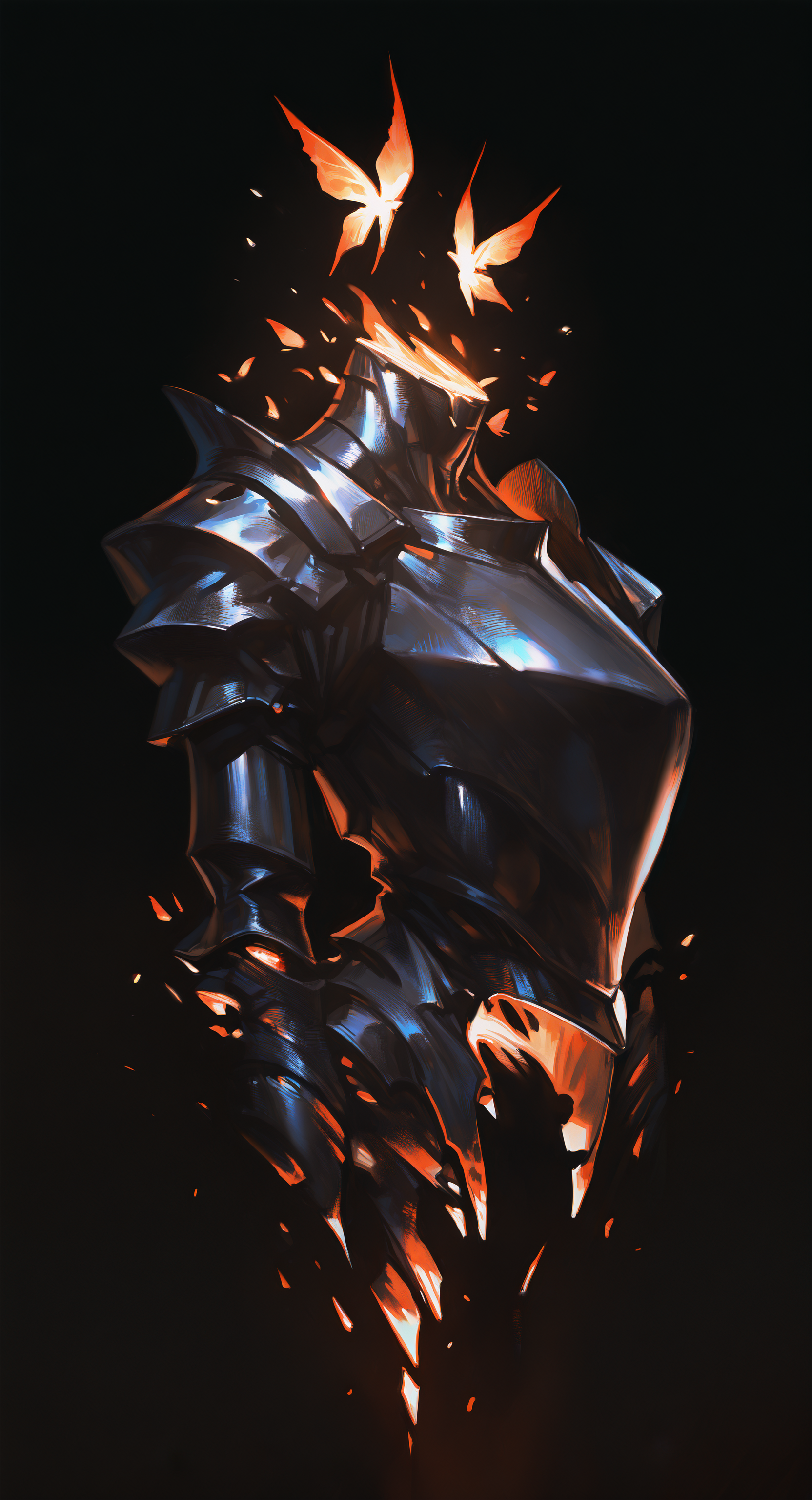 masterpiece, best quality, Good quality, very aesthetic, absurdres, newest, solo, upper_body, gradient_background, glowing, black_background, bug, 1other, Glowing birds, ambiguous_gender, black Armor without helmet, embers, headless,unmanned <lora:ponyv5_noobE11_1_adamW-000013:0.8> <lora:USNR_STYLE_XL_lokr:1>