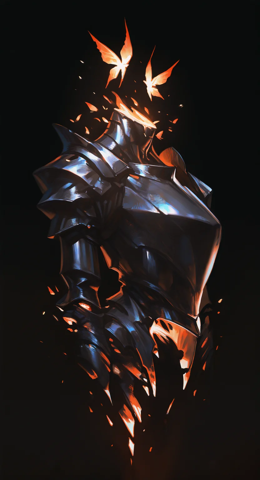 masterpiece, best quality, Good quality, very aesthetic, absurdres, newest, solo, upper_body, gradient_background, glowing, black_background, bug, 1other, Glowing birds, ambiguous_gender, black Armor without helmet, embers, headless,unmanned <lora:ponyv5_noobE11_1_adamW-000013:0.8> <lora:USNR_STYLE_XL_lokr:1>