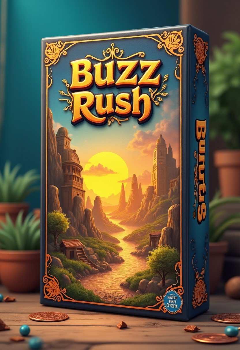 the box of the board game "Buzz Rush" based on the accumulation of buzz, through trade and exploration of distant lands