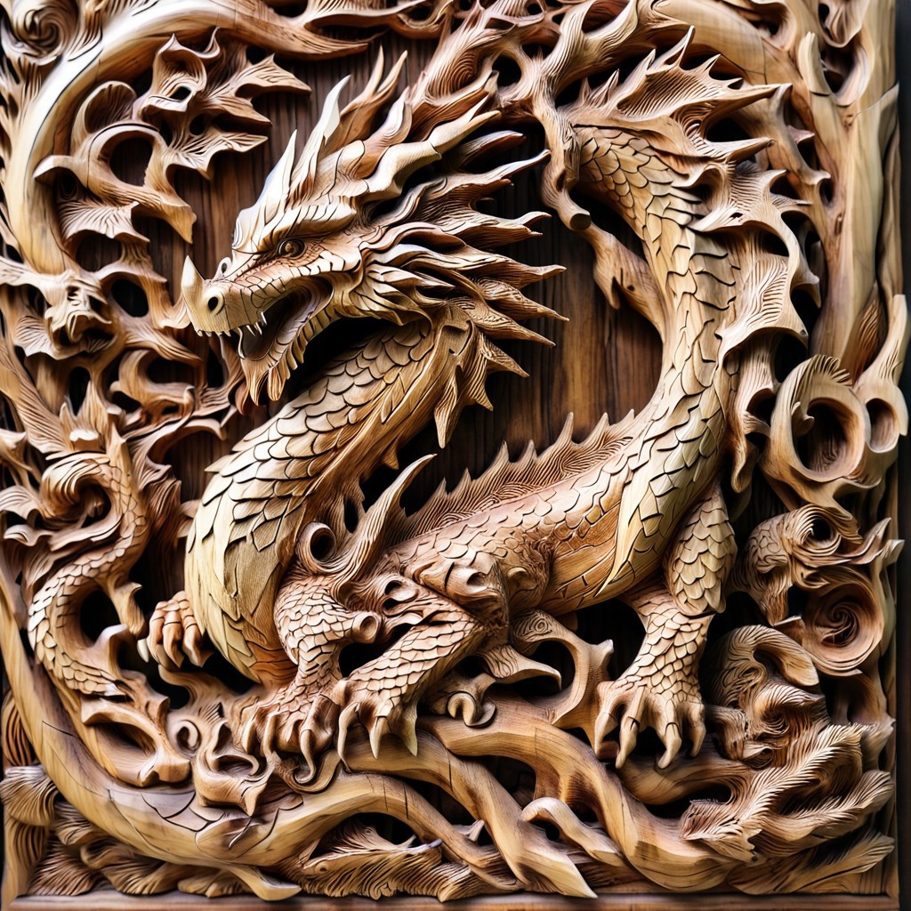 made of wood, wooden, detailed dragon,