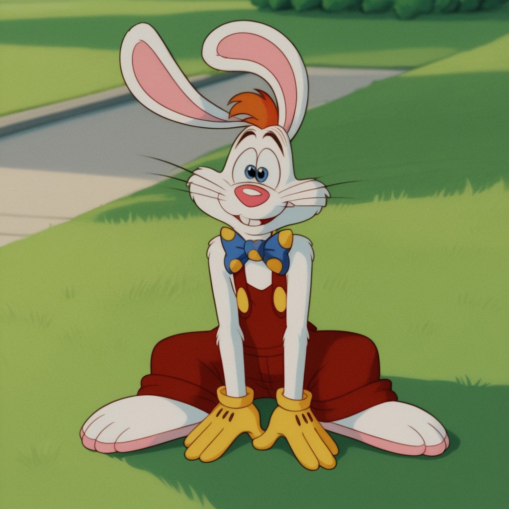 score_9, score_8_up, score_7_up, score_6_up, score_5_up, score_4_up, source_furry, Rogerrbbt, anthro, male, rabbit, rabbit ears, white fur, orange hair, red overalls, buck teeth, bowtie, yellow gloves, sitting, on grass,