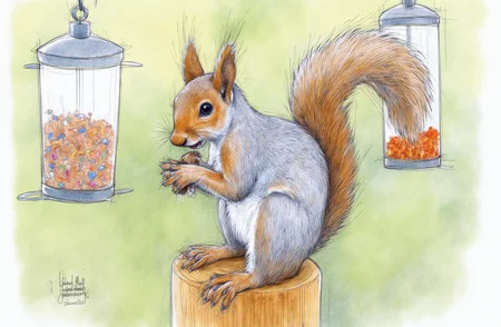 Sharp image of a rough sketch, rendered in vibrant multi colour ballpoint pen, capturing the adorable features of a close-up of a squirrel eating seeds from a bird feeder. The squirrel is sitting on a wooden post and is holding a nut in its paws. It has a bushy tail and bushy ears, and its body is covered in grey fur. The background is blurred, but it appears to be a wooded area with trees and foliage. The bird feeders are filled with small, colorful seeds.  p3nsk, <lora:p3nsk:1>