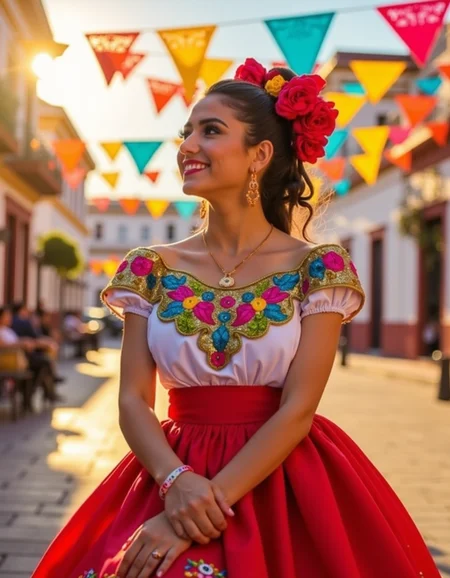<lora:lora:1> ch1n4p, traditional, mexican, dressed, embroidery, ultra quality, ultra detailed, ultra realistic, ultra lighting,  cinematic, a radiant Mexican woman dressed in a traditional China Poblana outfit, the shimmering sequins of her blouse catching the sunlight. Her hair is braided with colorful ribbons, adorned with bright flowers. She stands in a sun-drenched plaza surrounded by papel picado fluttering in the breeze, as the scent of street food fills the air.