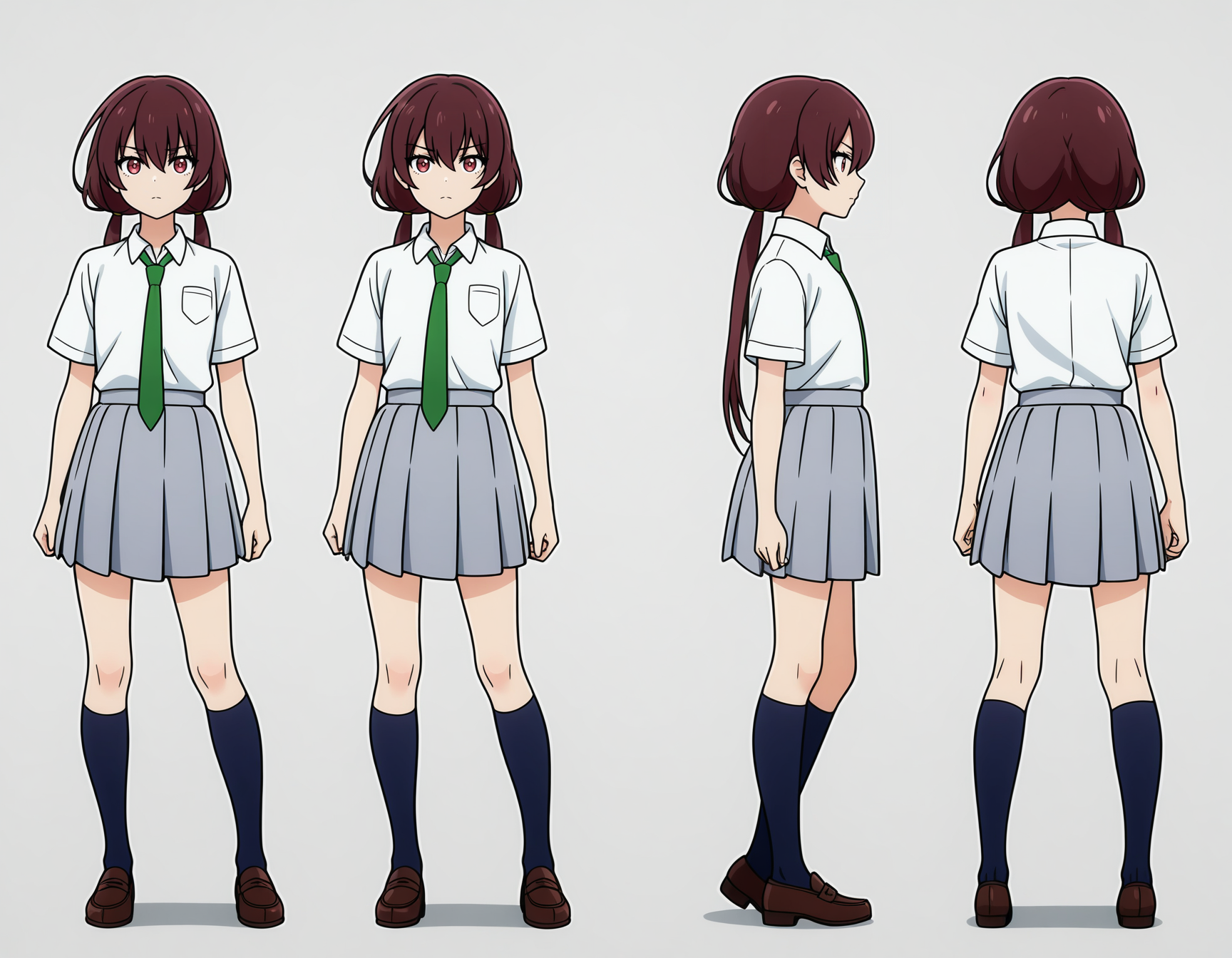 masterpiece, best quality, amazing quality, highres, absurdres, very aesthetic, high resolution, ultra detailed, perfect details,anime coloring, simple background,white background,
(model sheet),
<lora:ILL_oumemai_lion_e7:1> oumesusu, long hair, bangs, brown hair, skirt, shirt, red eyes, twintails,hair between eyes, school uniform, white shirt, short sleeves, necktie, collared shirt, pleated skirt, low twintails, pocket, grey skirt,  green necktie,shoes, socks, kneehighs, loafers, brown footwear, miniskirt, navy_blue_socks,