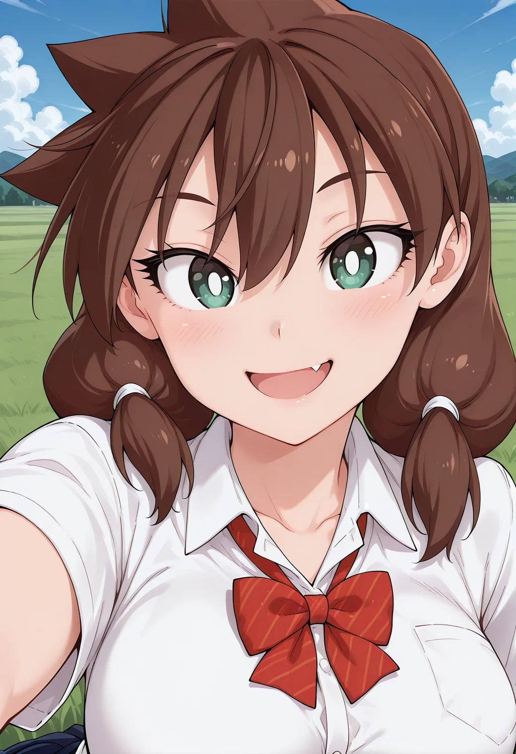 amano_megumi, green eyes, bright pupils, white pupils, brown hair, low twintails, school uniform, red bowtie, collared shirt, short sleeves, <lora:amano_megumi_illustrious_ver2:0.8>
smile, open mouth, fang,, masterpiece, best quality, sensitive,, 1girl, solo, blue sky, (grasslands:1.2), looking at viewer,, (upper body:1.2), (close-up:1.2), (facing viewer:1.2), (open eyes:1.4), (portrait:1.2)