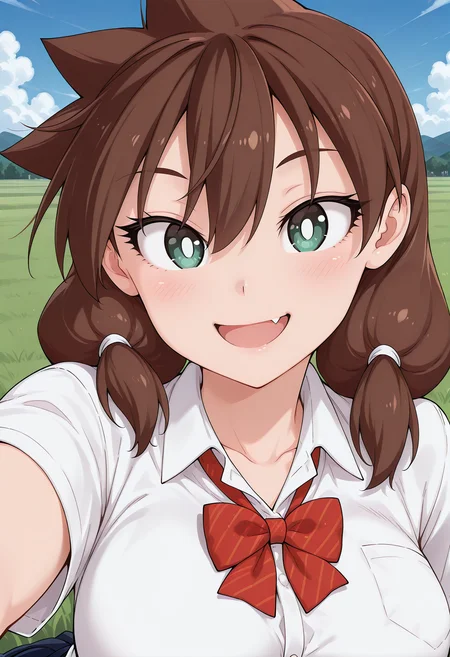 amano_megumi, green eyes, bright pupils, white pupils, brown hair, low twintails, school uniform, red bowtie, collared shirt, short sleeves, <lora:amano_megumi_illustrious_ver2:0.8>
smile, open mouth, fang,, masterpiece, best quality, sensitive,, 1girl, solo, blue sky, (grasslands:1.2), looking at viewer,, (upper body:1.2), (close-up:1.2), (facing viewer:1.2), (open eyes:1.4), (portrait:1.2)