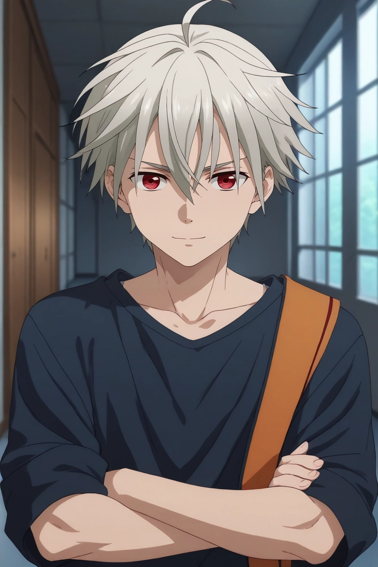 score_9, score_8_up, score_7_up, , rating_safe, , anime screencap, anime coloring, official style, , depth of field, 1boy, solo, male focus, <lora:yoshio_kobayashi_pony:0.98>, yoshio_kobayashi, grey hair, red eyes, short hair, hair between eyes, ahoge, rule of thirds, corridor, indoors, dark, arms under breasts, naughty smile, , <lora:sdxl_lightning_8step_lora:1>