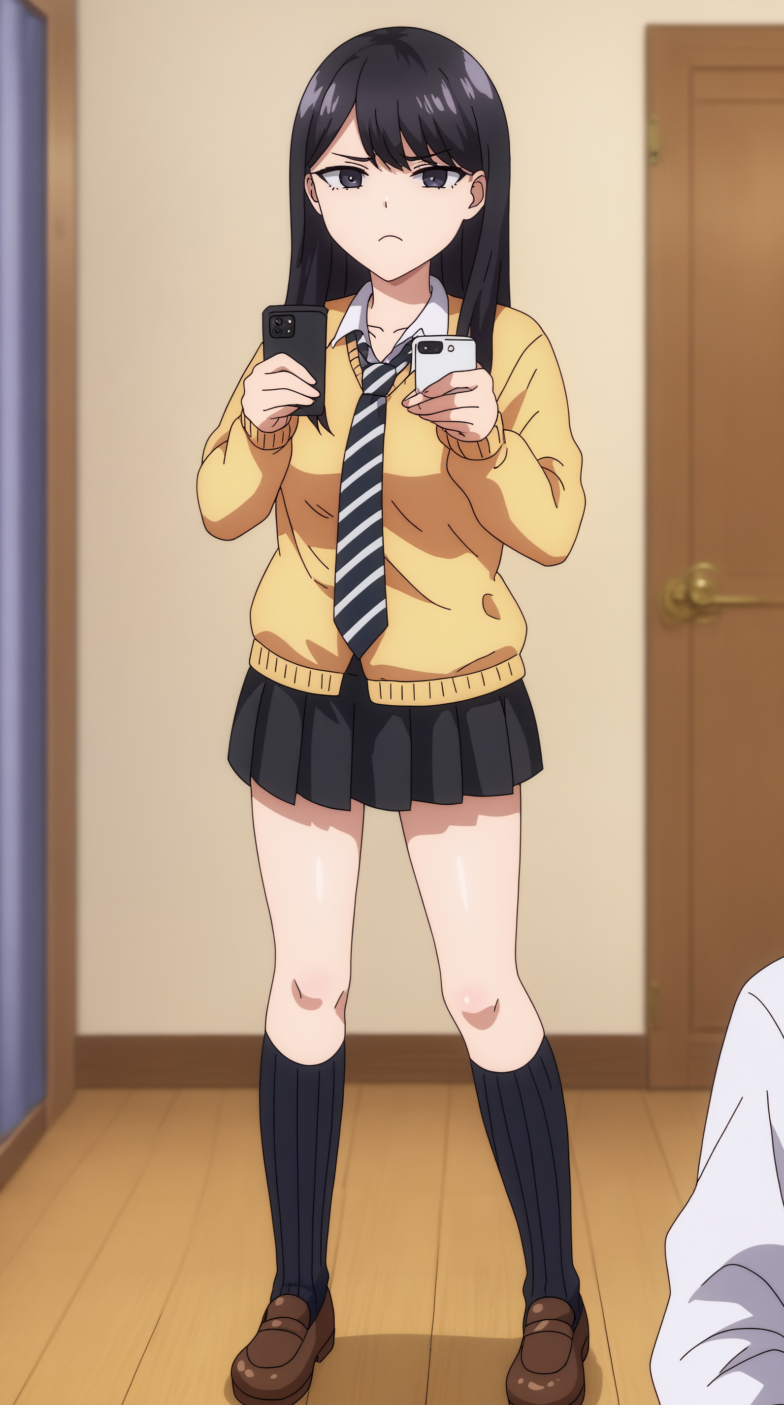 score_9, score_8_up, score_7_up,anime_source, source_anime, best background, detailed background, anime screencap, 4k, upscale,  Hikari Kuroda, solo, looking at viewer, shirt, holding, school uniform, necktie, solo focus, indoors, frown, phone, cellphone, smartphone, holding phone, door, striped necktie, diagonal-striped clothes, full body, black skirt, black socks, kneehighs,   <lora:JN_Hikari_Kuroda_Pony:0.8>