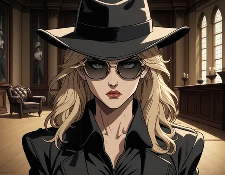 retroanimestyle, detectiveincog, 1girl, fedora, sunglasses,
serious, looking at viewer, in a living room, mansion, posh, looking over eyewear, high_angle