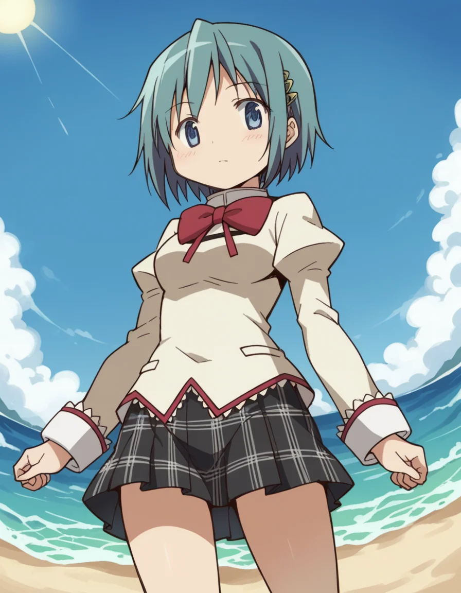 score_9, score_8_up, score_7_up, source_anime, <lora:sayaka-miki-s1-ponyxl-lora-nochekaiser:1>, sayaka miki, short hair, blue eyes, hair ornament, blue hair, hairclip, medium breasts,, skirt, school uniform, mitakihara school uniform, puffy sleeves, plaid skirt, pleated skirt, bowtie, red bowtie, beach, sand, waves, sun, ocean, , from below, looking at viewer, solo,, dutch angle, cowboy shot