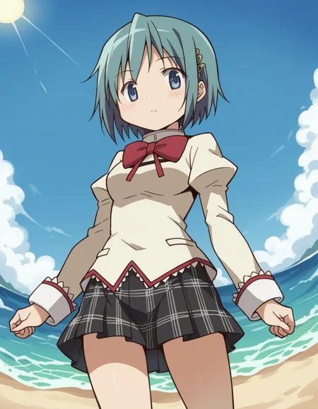 score_9, score_8_up, score_7_up, source_anime, <lora:sayaka-miki-s1-ponyxl-lora-nochekaiser:1>, sayaka miki, short hair, blue eyes, hair ornament, blue hair, hairclip, medium breasts,, skirt, school uniform, mitakihara school uniform, puffy sleeves, plaid skirt, pleated skirt, bowtie, red bowtie, beach, sand, waves, sun, ocean, , from below, looking at viewer, solo,, dutch angle, cowboy shot