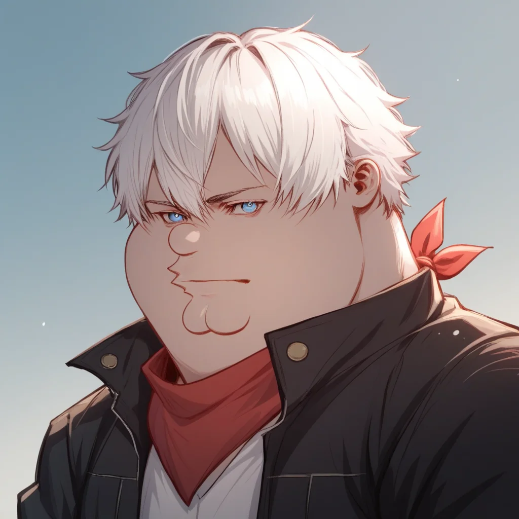 score_8_up, BREAK, 1boy, solo, Peter Griffin, white hair, short hair, blue eyes, jacket, black jacket, gojou satoru, <lora:PeterGriffin_iamkowai_PXL_Leaf1:1> , portrait, bandana,