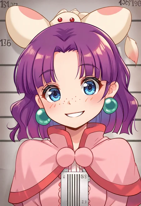 score_9, score_8_up, score_7_up, best quality, uncensored, source_anime, BREAK
1girl, sue(grandia), purple hair, medium hair, hair ribbon, blue eyes, green earrings, freckles, capelet, pink dress, sue(grandia) outfit, striped socks, brown shoes,
little smile, standing, mugshot, looking at viewer, upper body, portrait, close-up face, indoors,
<lora:sdxl_lightning_8step_lora:1> <lora:sue(grandia)_XL(pony):1>