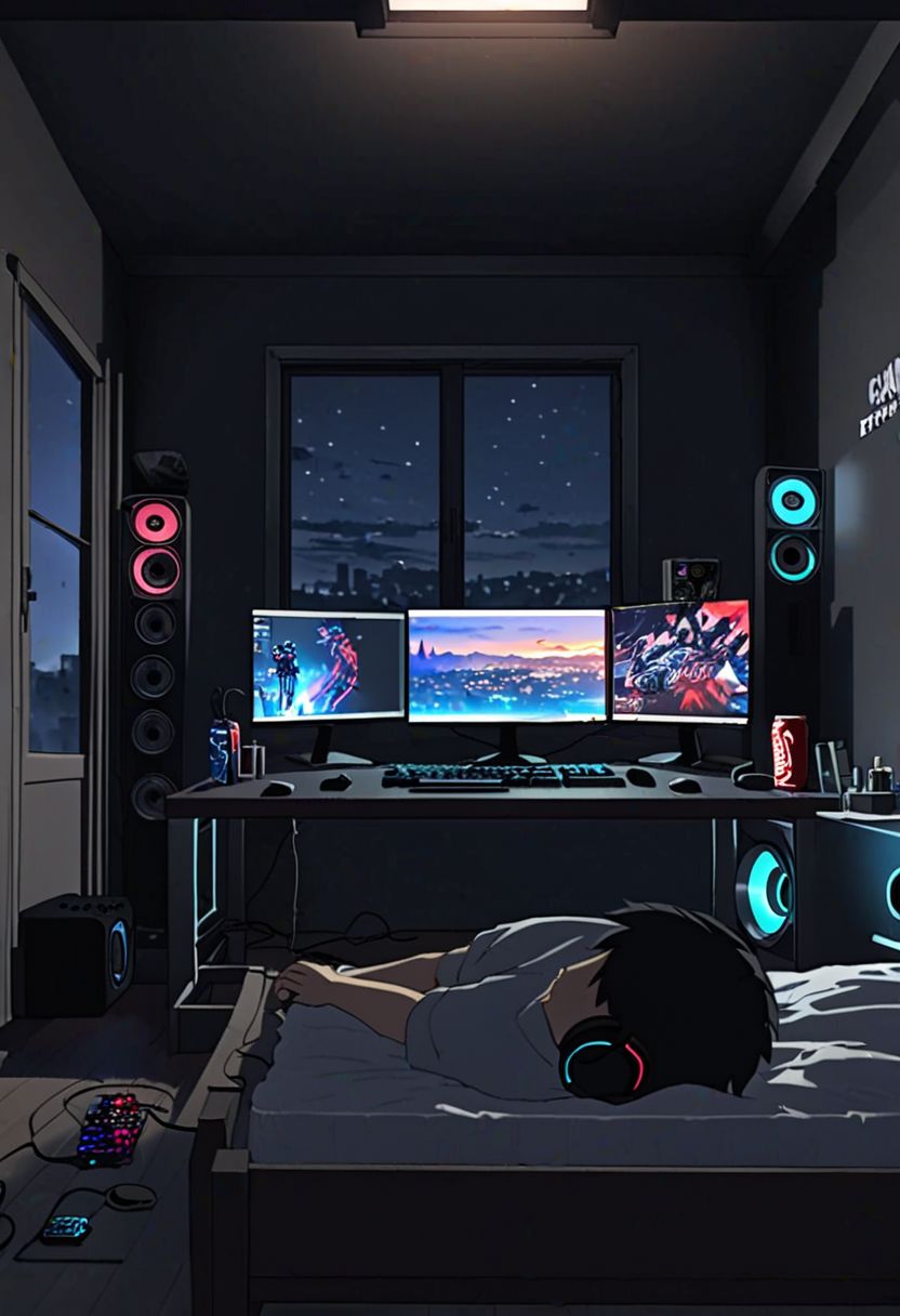 Highres, Masterpiece, High Quality, 4K, 8K, solo, 1Boy, Takaki Toono, adult, black hair, short hair, potarit, bed room, game room, comfortable, dark walls, RGB lights, quiet, window, night view, keyboard, pc, mouse, laptop, mattress, headset, speakers, stickers, soda drinks, snacks,, easynegative, detailed_eye_model
