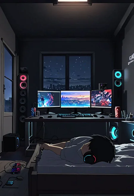 Highres, Masterpiece, High Quality, 4K, 8K, solo, 1Boy, Takaki Toono, adult, black hair, short hair, potarit, bed room, game room, comfortable, dark walls, RGB lights, quiet, window, night view, keyboard, pc, mouse, laptop, mattress, headset, speakers, stickers, soda drinks, snacks,, easynegative, detailed_eye_model
