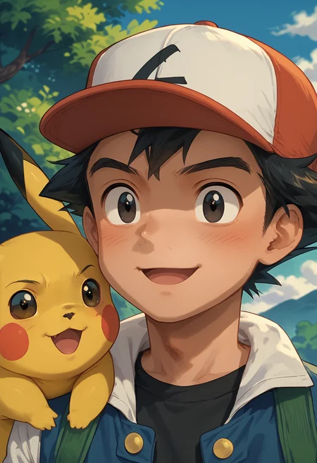score_9,score_8_up,score_7_up,outdoors,1boy,<lora:Ash1:0.8>,ash3,1boy,black hair,black eyes. hat,baseball cap,jacket,shirt,black shirt,<lora:Pet_Photobombing__Aro:0.8>,animalclose-up,pikachu,happy,<lora:Storybook_V1.1:0.8>,sbfte,cute,