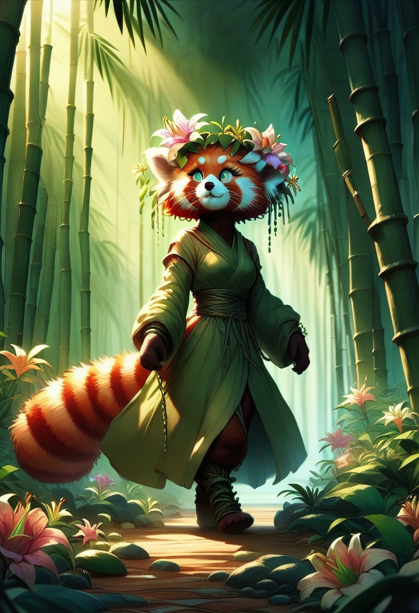 score_9, score_8_up, score_7_up, flowerdruid, redpandafolk, lily (flower), bamboo forest,