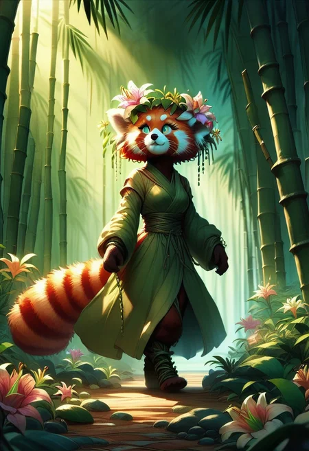 score_9, score_8_up, score_7_up, flowerdruid, redpandafolk, lily (flower), bamboo forest,