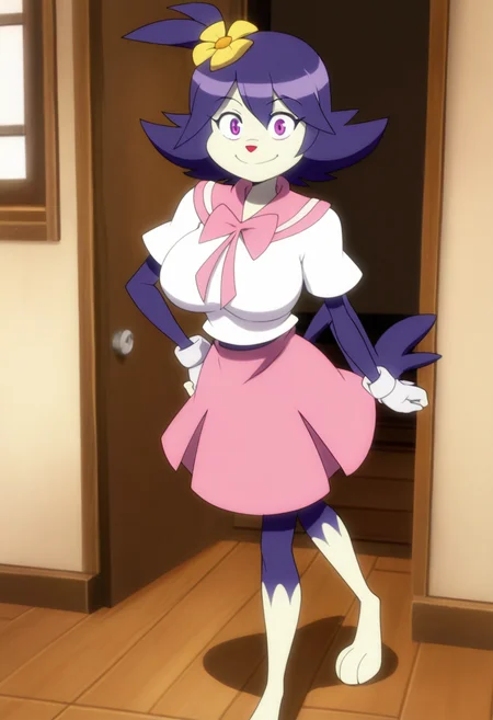 masterpiece, best quality, absurdes, 1girl, solo, full body,
(source_cartoon),
<lora:Dot Warner - Anime Dot (NoobAI):0.8>
Anime_Dot, purple hair, hair flower, violet eyes, white shirt, pink skirt, tail, furry female, animal nose,
smile, skirt, standing, mature female, thick,
(large breasts), indoors,
<lora:Detailer_NoobAI_Incrs_v1:0.4> detailed,