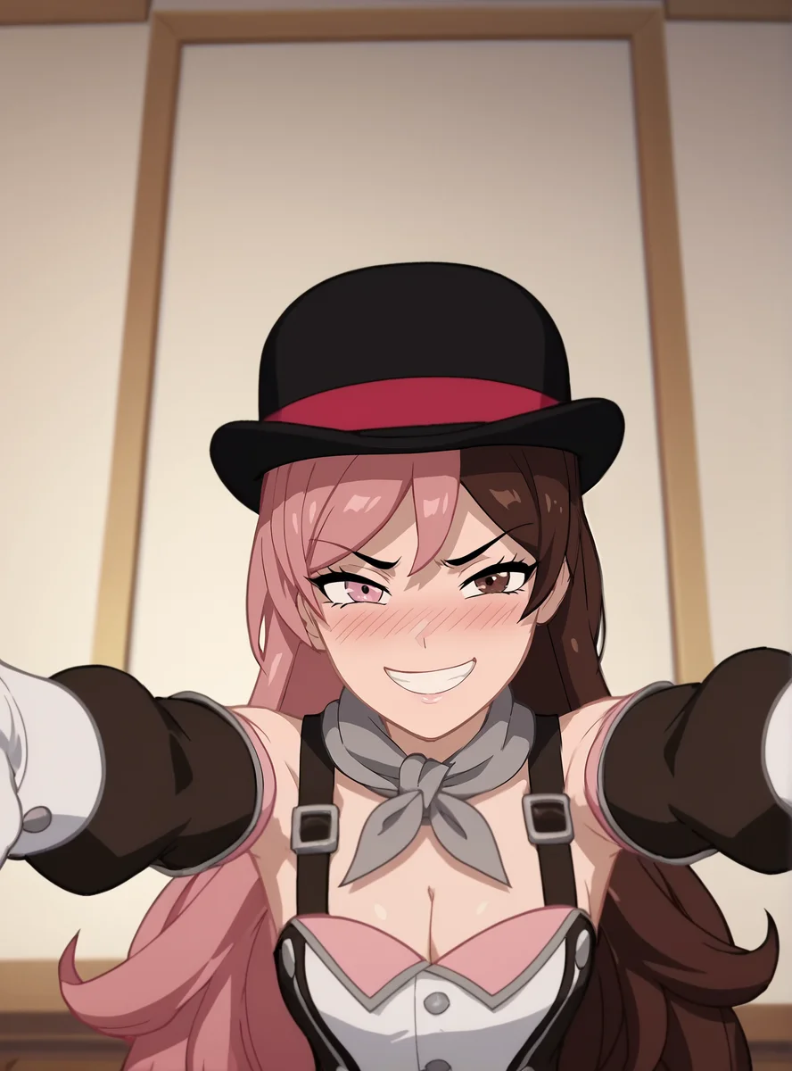 score_9, score_8_up, score_7_up, score_6_up, score_5_up, score_4_up, anime screencap, anime screencap, <lora:NeoPolitanVol7:0.8>neopilitantimeskip, 1girl, solo, hat, pink hair, brown hair, multicolored hair, long hair, split-color hair, gloves, heterochromia, bowler hat, cleavage, .nose blush, outstretched arms, pov, open moth, smirk