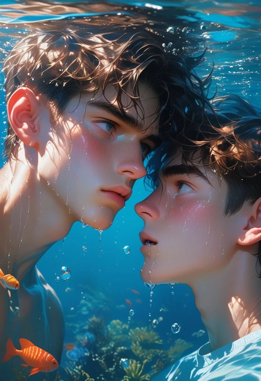 aaPO8bd,aaFLAm1n1,aaCH4pp,score_9,score_8_up,score_7_up,2boys kissing, (freckles),cute, perfect skinny body, (petite torso), tanned-skin, tropical, brown hair, short hair, perfect eyelashes, partially underwater shot, dark environment, dynamic, (water bubbles), (body above water), (sobbing:1.8), upside down, (wet body), reflection, reflection, dark night, moon light, blue eyes,dappled sunlight,eye focus,light particles,