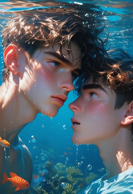 aaPO8bd,aaFLAm1n1,aaCH4pp,score_9,score_8_up,score_7_up,2boys kissing, (freckles),cute, perfect skinny body, (petite torso), tanned-skin, tropical, brown hair, short hair, perfect eyelashes, partially underwater shot, dark environment, dynamic, (water bubbles), (body above water), (sobbing:1.8), upside down, (wet body), reflection, reflection, dark night, moon light, blue eyes,dappled sunlight,eye focus,light particles,