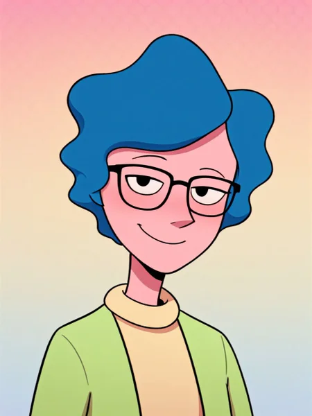 PonyXLV6_Scores, (rainbow gradient honeycomb \(pattern\) background:1.2), 1girl, solo, upper body portrait, warm slight smile, closed mouth, (looking at viewer:1.1), <lora:mrsFunnieTV_PDXL:1.0> mrsFunnieTV, pink skin, blue hair, glasses, yellow shirt, green cardigan,