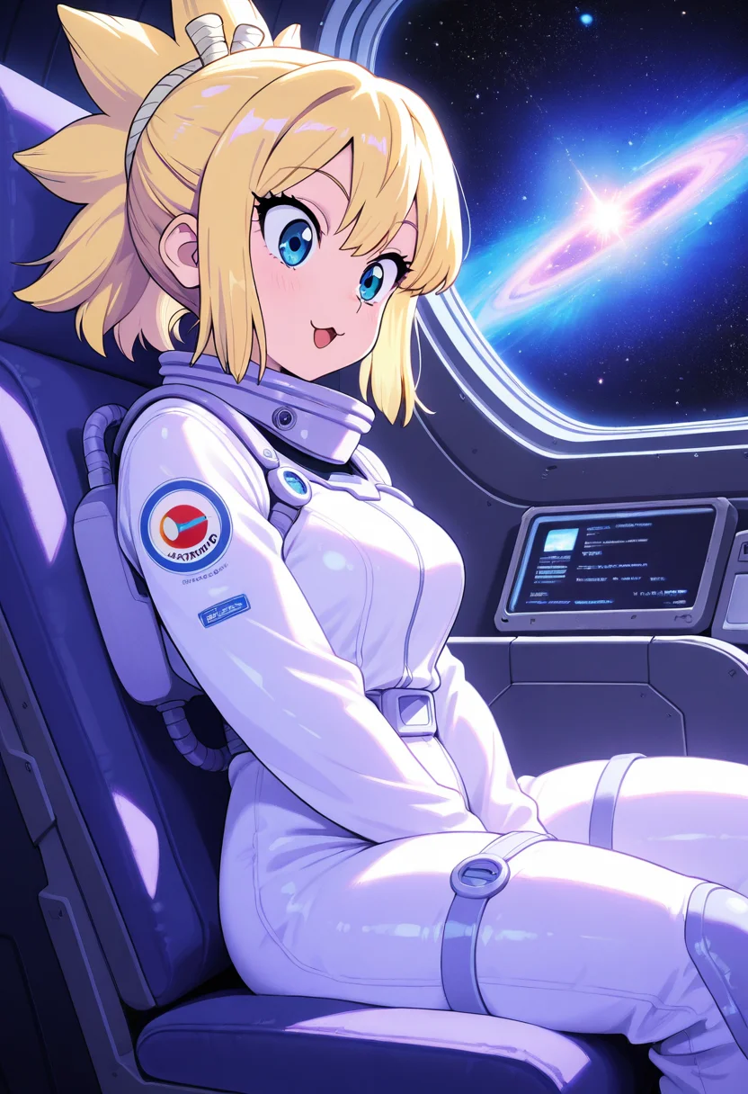 kohaku_(dr_stone), :3, ultra detailed, masterpiece, best quality, 1girl, solo, adult, indoors, space suit, sitting, seat, windows, futuristic vehicle, space, stars, galaxy, pastel colors, vintage, intricate detailed, finely detailed, amazing detail, from side, smile, :o, awe, shadows, dim lighting, cowboy shot,