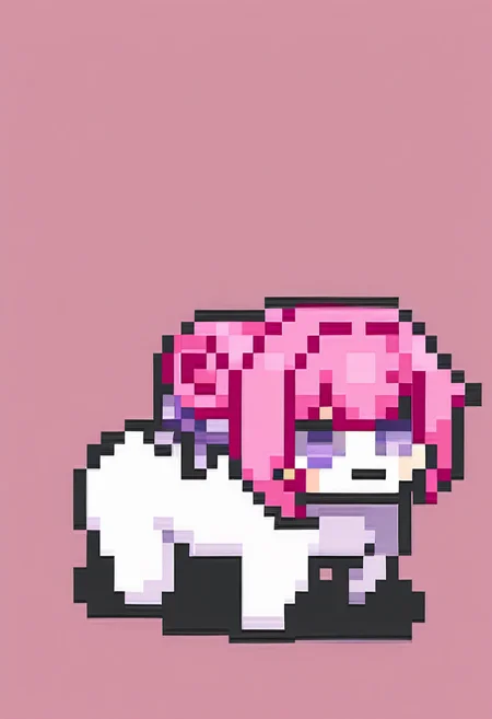 masterpiece, best quality, solo, <lora:FEGBA-Sprites-illus_Fp:1>, simple background, pixel art, full body, <lora:doro_xypher_ixl_v1:0.8>, doro, :3, chibi, no pupils, solid circle eyes, full body, white skin, all fours, dorothy \(nikke\), pink hair, purple eyes, single side bun, hair bow, purple ribbon