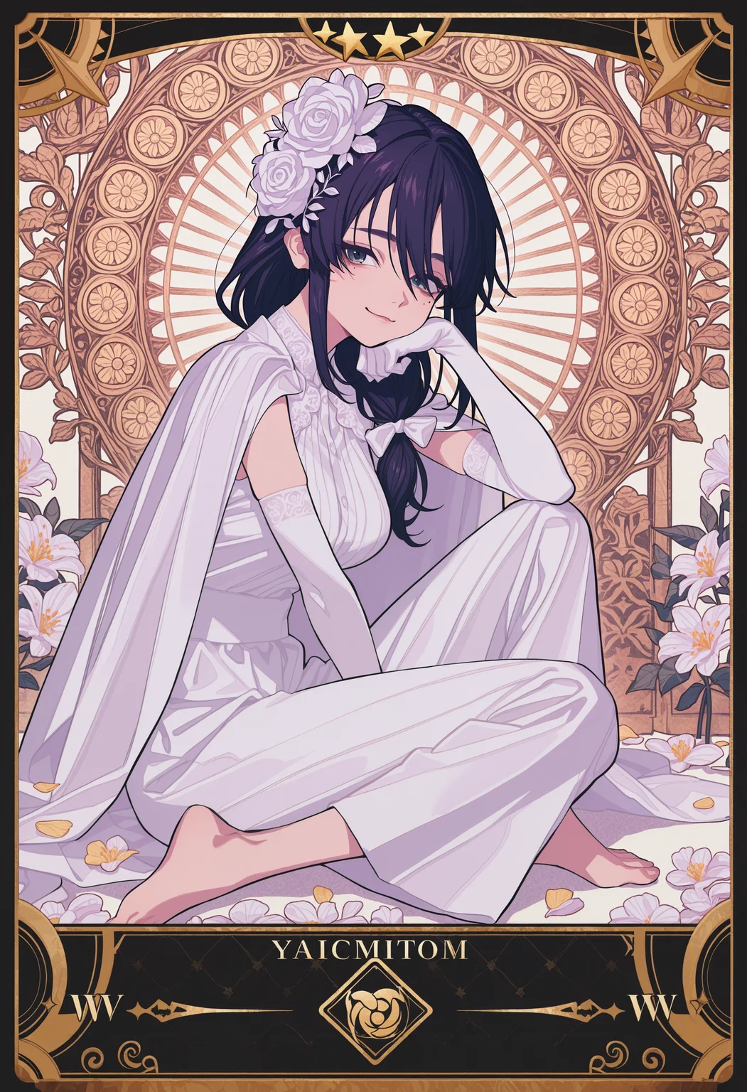 748cmstyle,4ki4k4ne_illu,
masterpiece,best quality,very aesthetic,absurdres,ambient occlusion,extremely detailed,volumetric lights;
1girl,mature female,
(W-sitting:1.5),head rest,one hand on own cheek,one hand between legs,legs collapsed,
hair cascade over shoulder,hair bow,hair ornment,
slim arms,slim thigh.medium breast,mole under eyes,
elegant blouse,pants,elbow gloves,ornate cape,
laugh expression,
from side,looking at viewer,gazing down,
detailed background(colorful flowers|petals),taro card frame,
