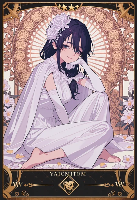 748cmstyle,4ki4k4ne_illu,
masterpiece,best quality,very aesthetic,absurdres,ambient occlusion,extremely detailed,volumetric lights;
1girl,mature female,
(W-sitting:1.5),head rest,one hand on own cheek,one hand between legs,legs collapsed,
hair cascade over shoulder,hair bow,hair ornment,
slim arms,slim thigh.medium breast,mole under eyes,
elegant blouse,pants,elbow gloves,ornate cape,
laugh expression,
from side,looking at viewer,gazing down,
detailed background(colorful flowers|petals),taro card frame,