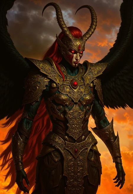 A fierce and otherworldly demonic female warrior stands bathed in the fiery glow of an apocalyptic sky. Her hair, a vivid shade of fiery red, is tied back tightly, emphasizing her sharp, angular features. Her golden armor is a masterpiece of craftsmanship, intricately carved with filigree and ancient demonic symbols, with tarnished greenish-black accents that hint at centuries of wear. Her face is marked with runic carvings, and crimson tears streak from her glowing, blood-red eyes, giving her an air of divine fury and sorrow.
Towering horns curve upward from her head, gleaming with a metallic sheen. Behind her, massive black feathered wings spread wide, their edges singed and glinting faintly in the fiery light. The background is a turbulent sky filled with smoke and fire, adding to the chaotic, apocalyptic atmosphere. Her expression is fierce and unyielding, embodying strength, menace, and tragic beauty. Art style: hyper-realistic, dark fantasy, and intricately detailed textures.