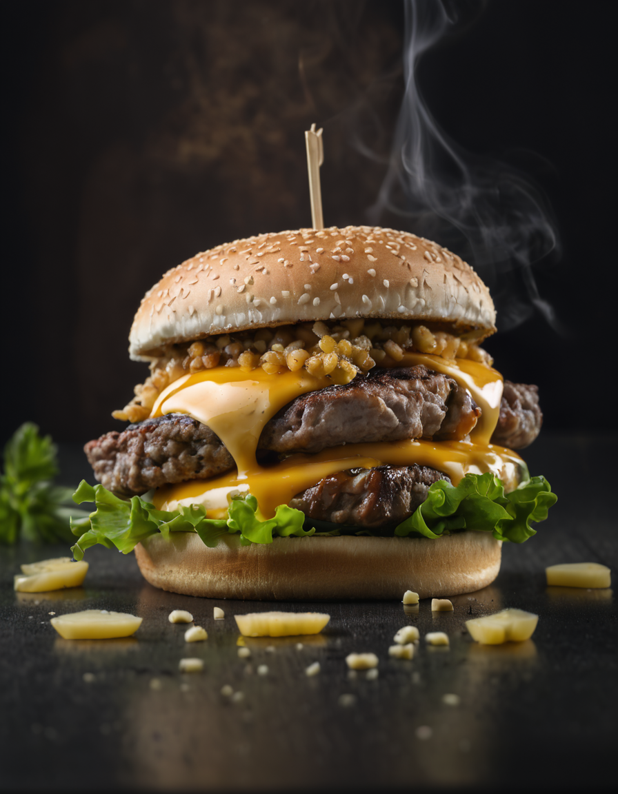 Classic cheeseburger with (juicy beef patties:1.3), (melted cheddar cheese:1.2), crisp lettuce, (sesame seed bun:1.1), (dollops of creamy sauce:1.1), (sesame seed bun:1.1), (flying sesame seeds:1.2) and water droplets captured in mid-air, (steam rising:1.1) from hot patty, (dark moody backdrop:1.2), reflective surface, (sharp detail:1.3) on textures, (dramatic lighting:1.2), food portrait, Canon EOS 5DS, 1/160s, f/2.8, ISO 50, sumptuous aesthetic,