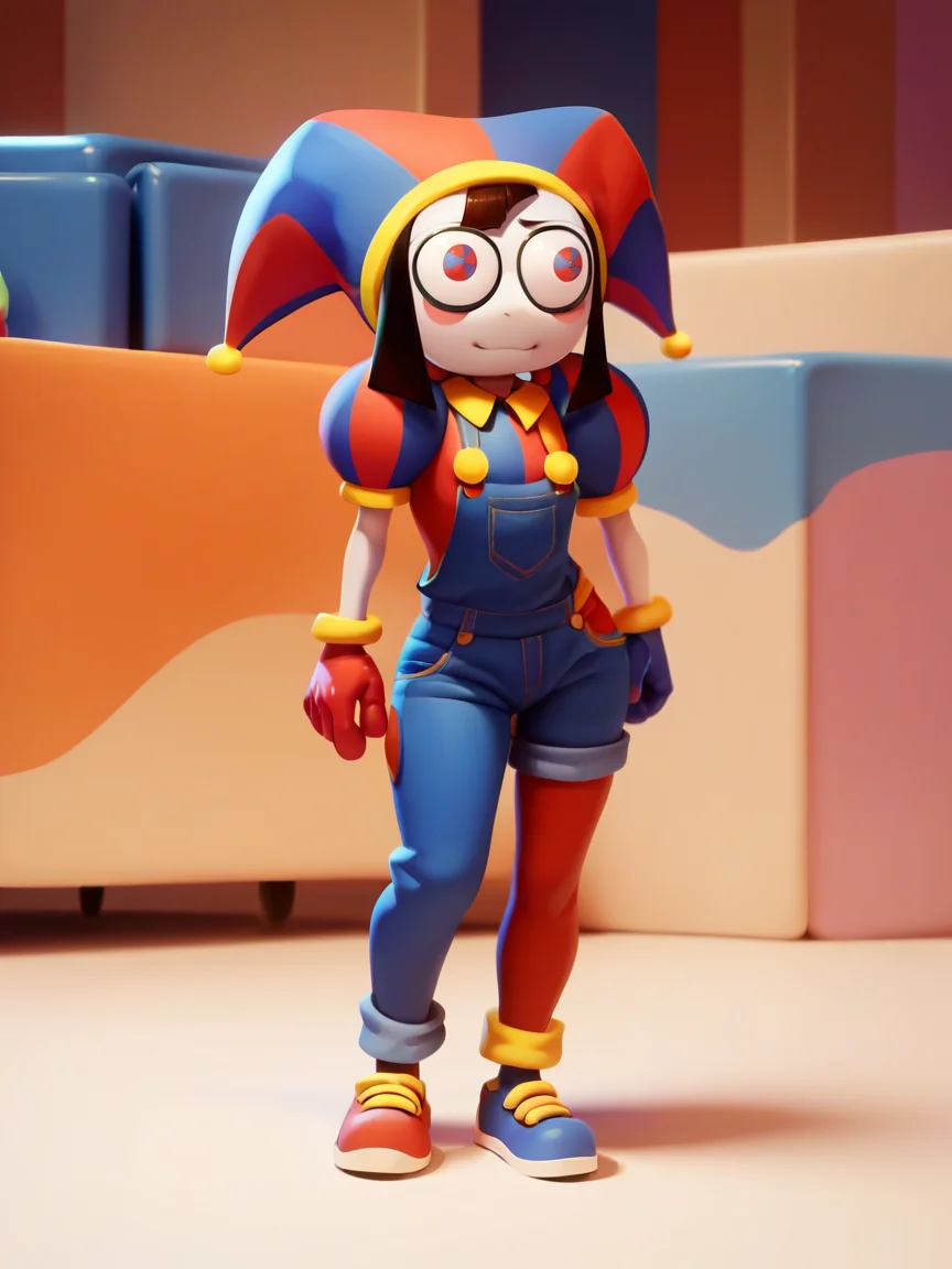 score_9, score_8_up, score_7_up, score_6_up, score_5_up, <lora:ADCXLP:1> adc, overalls, shoes, jester cap, 1girl, curvy,